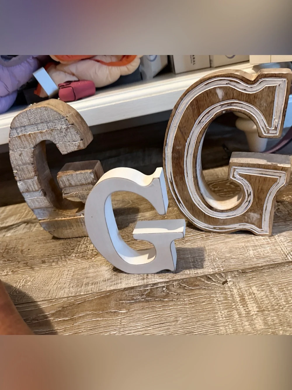 The letter G Neutral Wood & White Decorative Omega Wall Letters - Set of 3